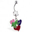 Navel ring with dangling frog on multi-color hearts