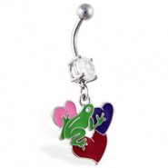 Navel ring with dangling frog on multi-color hearts