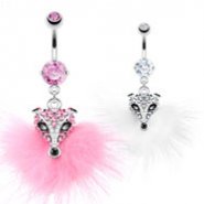 Navel ring with dangling furry jeweled fox head