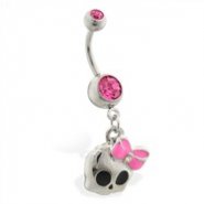 Navel ring with dangling girly skull with bow