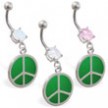 Navel ring with dangling green peace sign