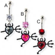 Navel ring with dangling jeweled devil heart and trident