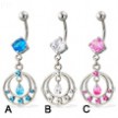 Navel ring with dangling jeweled double ring and teardrop shaped gem