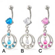 Navel ring with dangling jeweled double ring and teardrop shaped gem