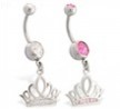 Navel ring with dangling jeweled tiara crown
