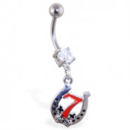 Navel ring with dangling lucky "7" horseshoe
