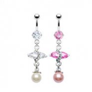 Navel ring with dangling marquise CZ and pearl