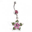 Navel ring with dangling pink and green flower