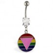 Navel ring with dangling rainbow circle with pink triangle