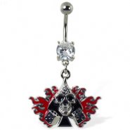 Navel ring with dangling skull with spades, dice, and flame