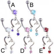 Navel ring with double heart dangle and gems