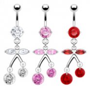 Navel ring with jeweled cherry dangle