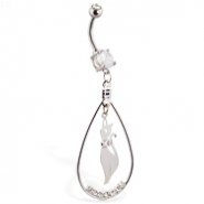 Navel ring with large dangling teardrop and cat
