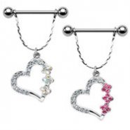 Nipple bar with dangling jeweled heart, 14 ga