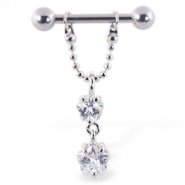 Nipple ring with dangling chain and flowers, 12 ga or 14 ga