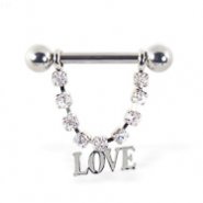 Nipple ring with dangling jeweled chain and "LOVE", 12 ga or 14 ga