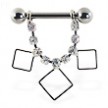 Nipple ring with dangling jeweled chain and hollow squares, 12 ga or 14 ga