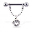 Nipple ring with dangling jeweled heart, 12 ga or 14 ga