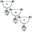 Nipple ring with dolphin and heart shaped gem, 14 ga