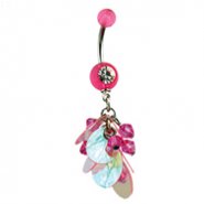 Pink jeweled navel ring with pink bead and jeweled dangle