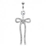 Ribbon with Paved Gems And Princess Cut Center Gem Surgical Steel Navel Ring