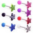 Straight barbell with colored ball and colored tiger print star top, 14 ga
