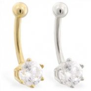 14K Gold belly button ring with 6-prong Cubic Zirconia stone