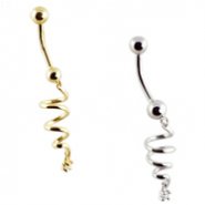 14K Gold belly button ring with dangling spiral and gem