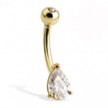 14K Gold Belly Button Ring With Teardrop-Shaped Stone And Jeweled Top Ball
