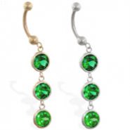 14K Gold belly ring with 3 dangling emerald circle CZ'S