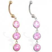 14K Gold belly ring with 3 dangling pink circle CZ'S
