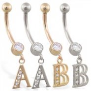 14K Gold belly ring with dangling block initial