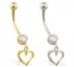 14K Gold belly ring with dangling heart charm with "I Love You"