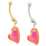 14K Gold belly ring with dangling pink AB swarovski crystal heart