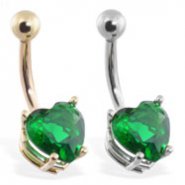 14K Gold belly ring with emerald 8mm CZ heart