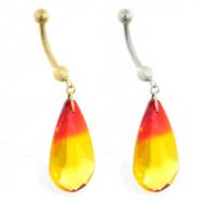 14K Gold belly ring with large dangling fire red swarovski crystal teardrop