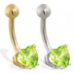 14K Gold belly ring with peridot 6mm CZ heart