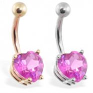 14K Gold belly ring with pink 8mm CZ heart