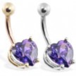 14K Gold belly ring with purple 8mm CZ heart