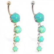 14K Gold belly ring with quadruple green opal dangle