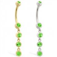 14K Gold belly ring with quadruple Peridot dangle