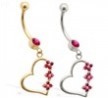 14K Gold belly ring with Ruby jeweled dangling heart