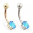 14K Gold belly ring with small aquamarine oval CZ