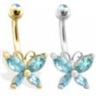 14K Gold Butterfly Belly Ring, Aquamarine