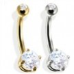 14K Gold Double Jeweled Belly Ring, CZ