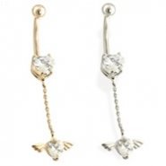 14K Gold Heart CZ with Wing and Heart Dangle Belly Ring