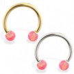 14K Gold Horseshoe/Circular Barbell with Pink Opal Balls
