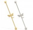 14K Gold Industrial Straight Barbell With Dragonfly Charm
