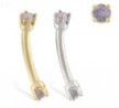 14K Gold internally threaded curved barbell with alexandrite gems