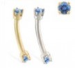 14K Gold internally threaded curved barbell with blue zirconia gems